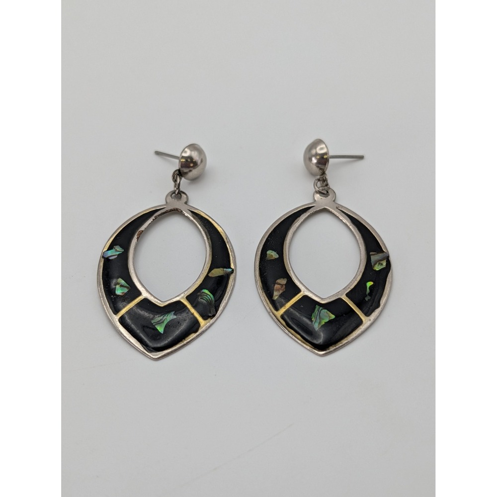 Vintage Black Enamel Abalone Inlay Teardrop Dangle Earrings Silver Gold Tone